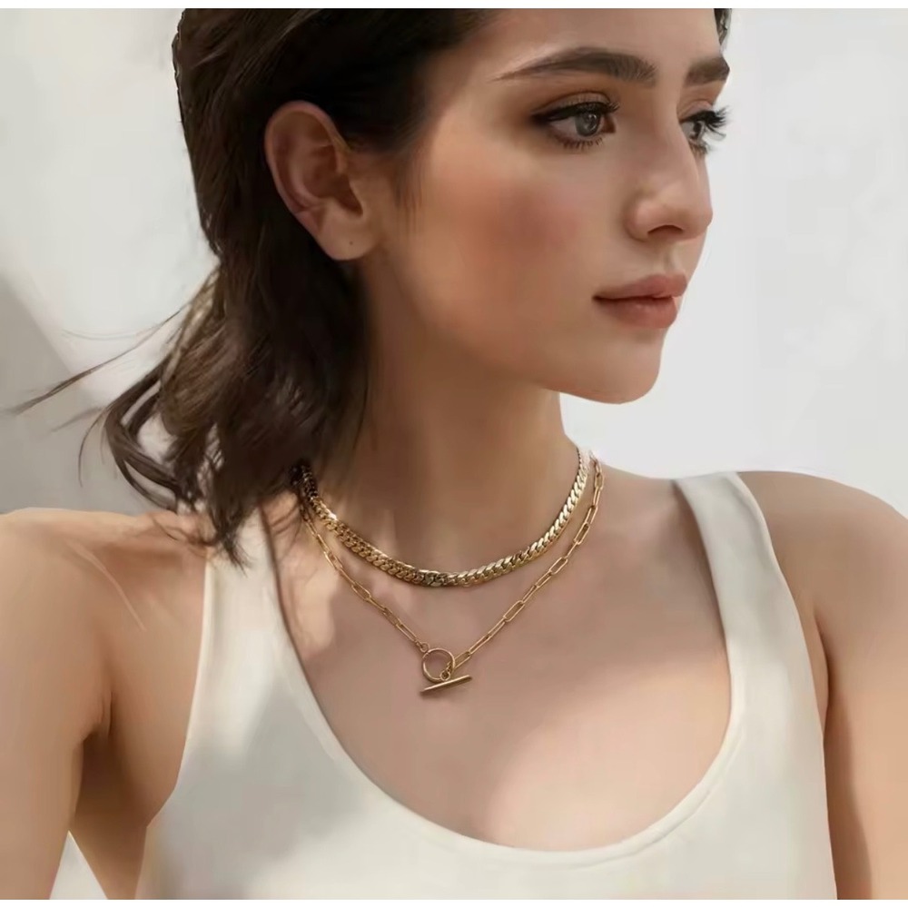 Gold Paperclip Chain Toggle Necklace Minimalist Link Layering Jewelry - Picture 3 of 6